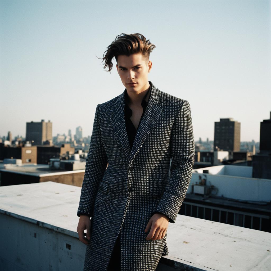 Stylish Young Man in Patterned Coat on Urban Rooftop