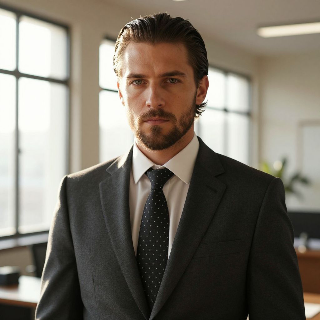 Professional Man in Dark Gray Suit in Modern Office