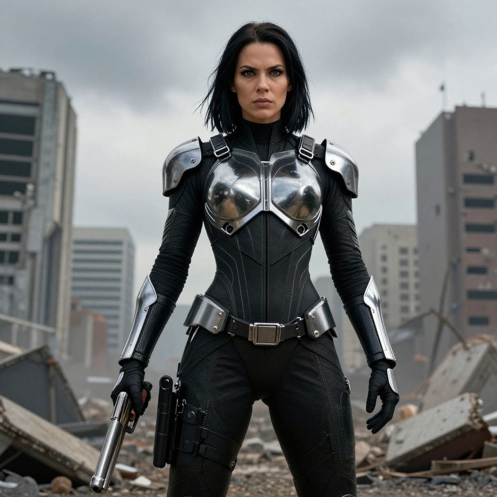 Futuristic Woman in Black Combat Armor Holding Gun in Urban Ruins