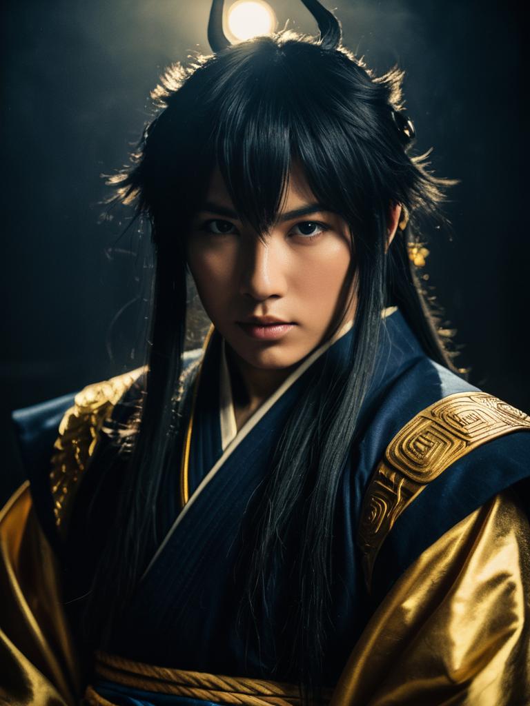 Realistic Man Cosplay Wearing Naraku Costume with Gold Armor