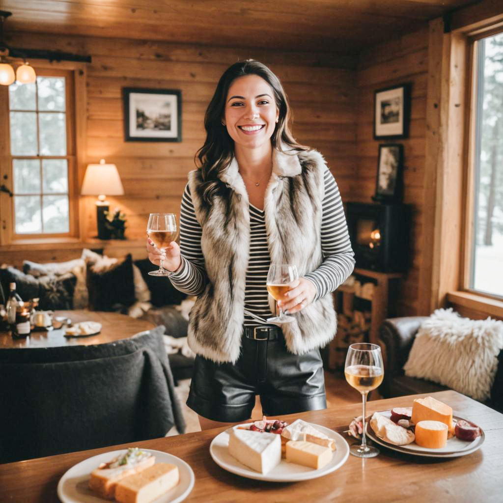 Cheerful Woman with Wine and Gourmet Cheese