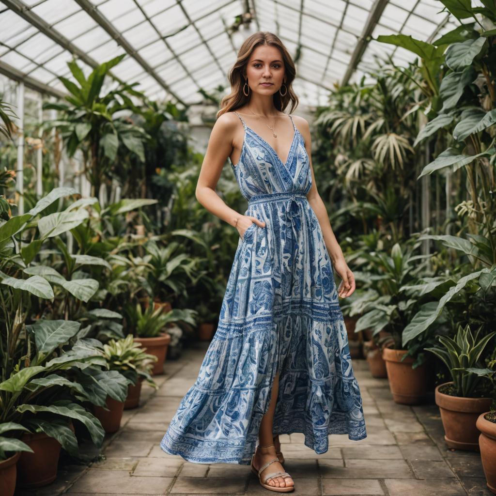 Woman in Bohemian Dress in Greenhouse