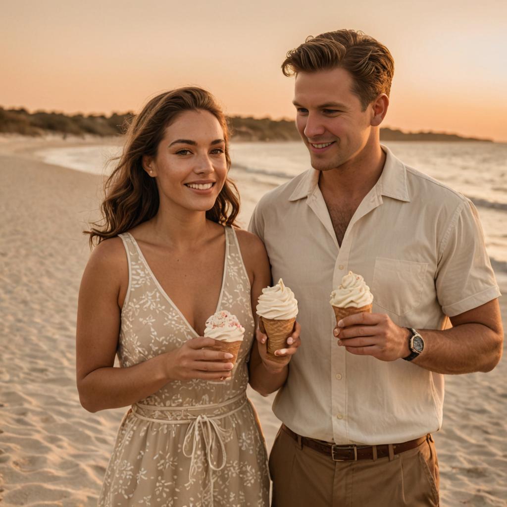 Couple Sharing Ice Cream at Sunset on Beach