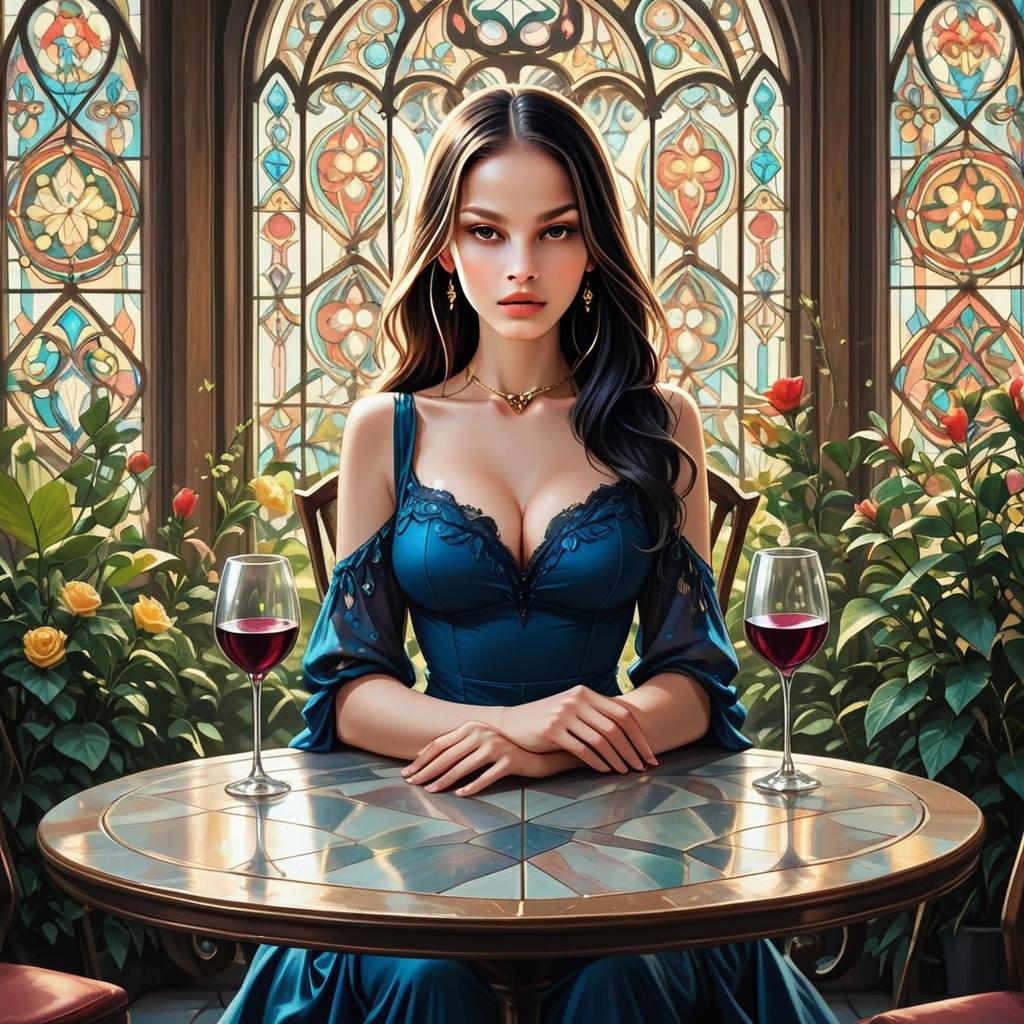 Elegant Woman in Blue Gown at Round Table Elegant Woman in Blue Gown at Round Table