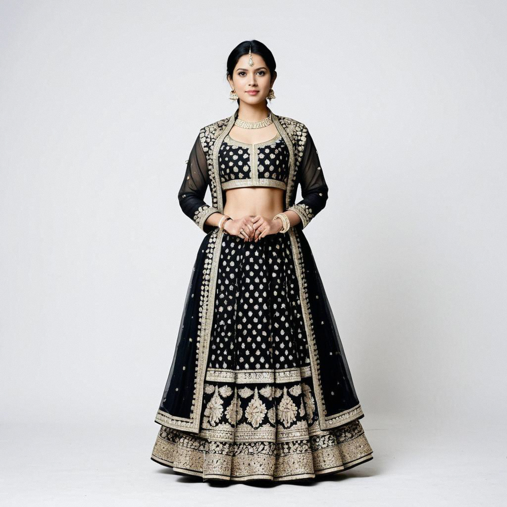 Woman in Black Lehenga with Gold Embroidery Woman in Black Lehenga with Gold Embroidery