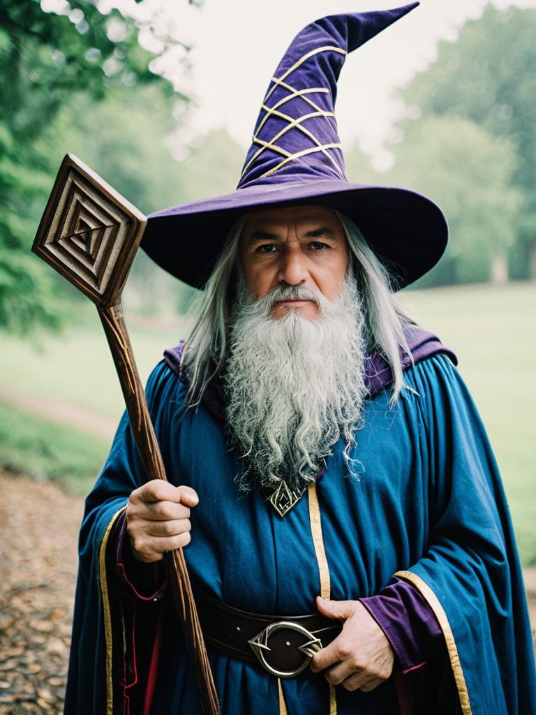 Photorealistic Wizard Cosplay Man Holding Staff Editorial Portrait