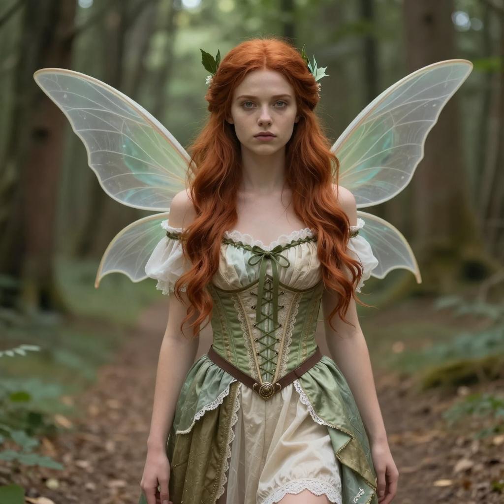 Red Haired Fairy Woman in Green Corset Dress with Wings in Forest