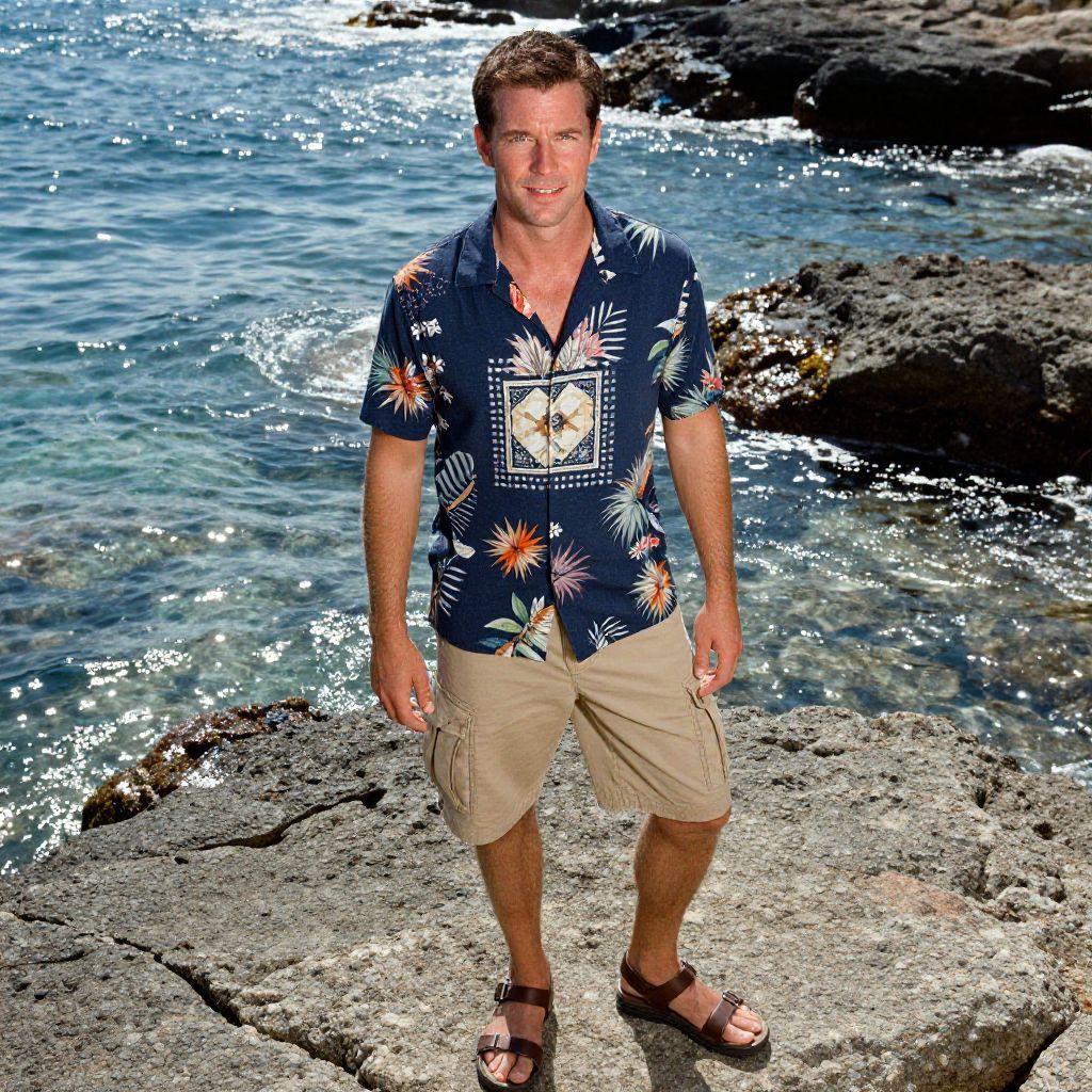 Man in Hawaiian Shirt Standing on Rocky Shore by the Ocean