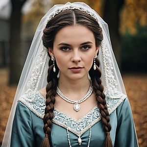 Realistic Godmother Costume Woman with Brown Braided Hair and Pearl Jewelry