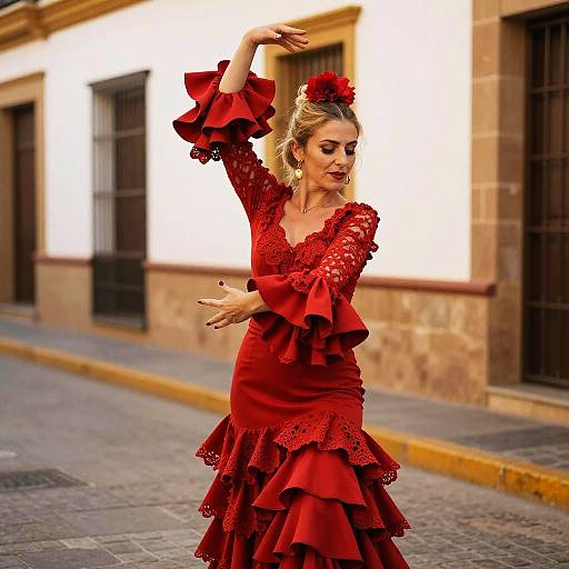 Woman in Traditional Red Flamenco Dress Dancing on Street