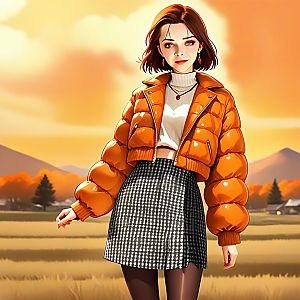 Stylish woman in orange puffer jacket at sunset