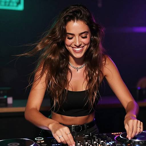 Smiling Young Woman DJ Mixing Music at Nightclub with Professional DJ Controller