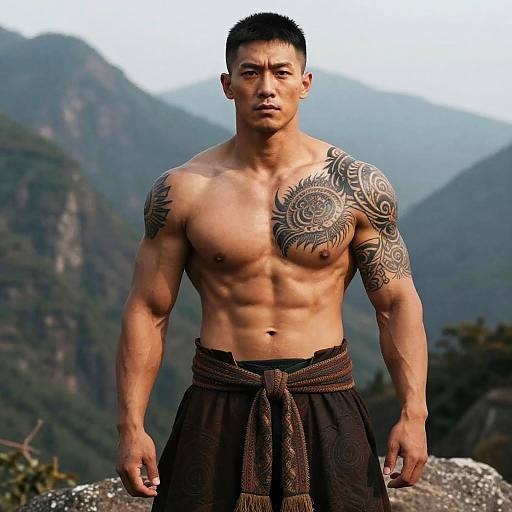 Muscular Asian Man with Tribal Tattoos in Mountain Landscape