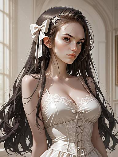 Realistic Portrait of Woman in Vintage-Inspired Silk Chemise with Bow