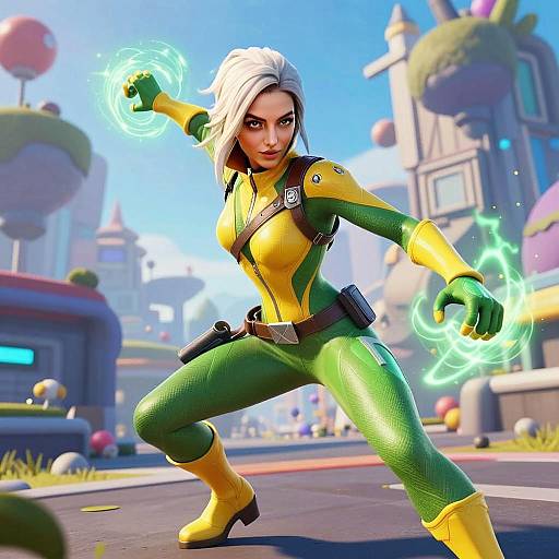 3D Rendered Female Superhero in Green and Yellow Suit with Energy Powers