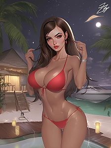 Confident Woman in Red Bikini by Tropical Beach House at Night