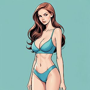 Stylized Young Woman in Teal Background