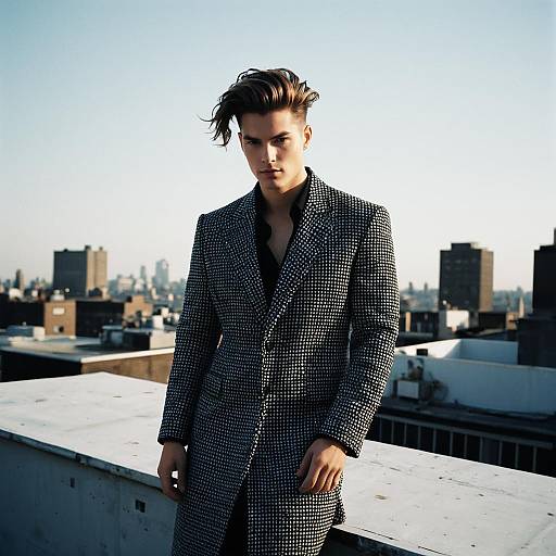 Stylish Young Man in Patterned Coat on Urban Rooftop