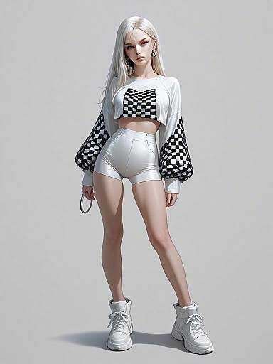 Realistic Woman in Modern Street Style Outfit with Checkerboard Crop Top and Silver Shorts