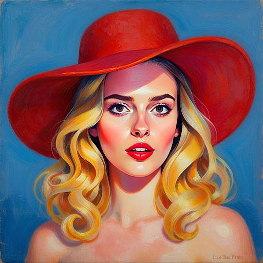 Portrait of Woman in Red Wide-Brimmed Hat Digital Painting