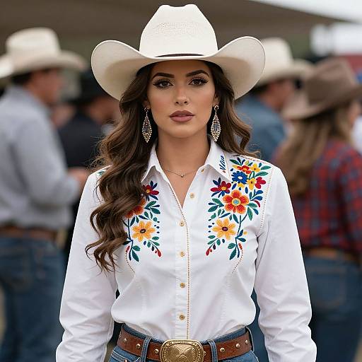 Woman in Embroidered Western Shirt and Cowboy Hat at Country Event