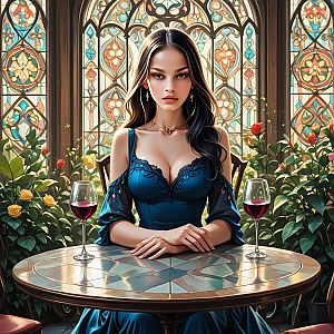 Elegant Woman in Blue Gown at Round Table
