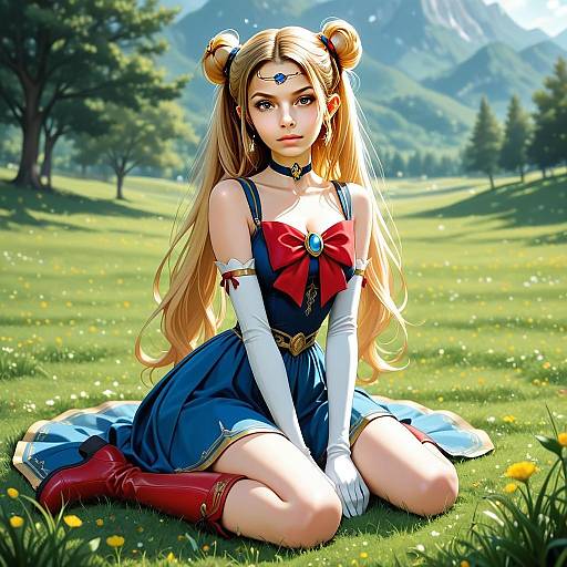 Anime Style Young Woman in Blue Dress Sitting in Mountain Meadow