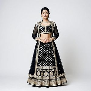Woman in Black Lehenga with Gold Embroidery