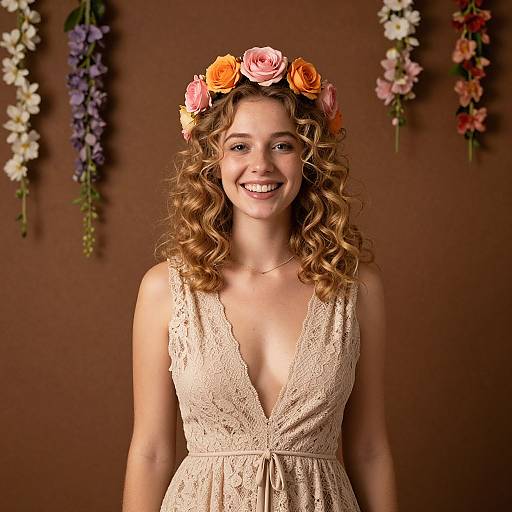 Smiling Woman in Lace Dress with Floral Crown and Hanging Flowers