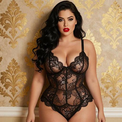 Confident Woman in Black Lace Lingerie Against Gold Damask Wallpaper