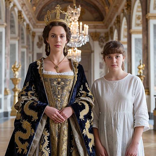 Regal Woman in Royal Gown with Young Girl in Opulent Palace Hall