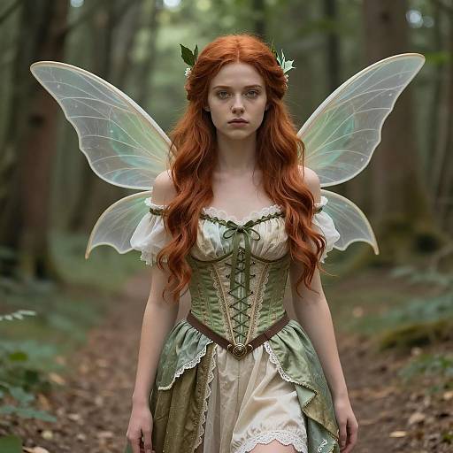 Red Haired Fairy Woman in Green Corset Dress with Wings in Forest