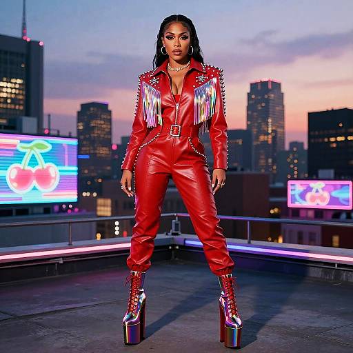 Confident Woman in Red Leather Jumpsuit with Holographic Fringe and Platform Boots on Rooftop