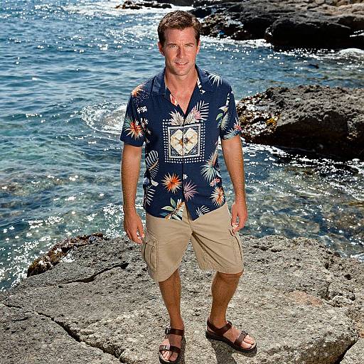 Man in Hawaiian Shirt Standing on Rocky Shore by the Ocean