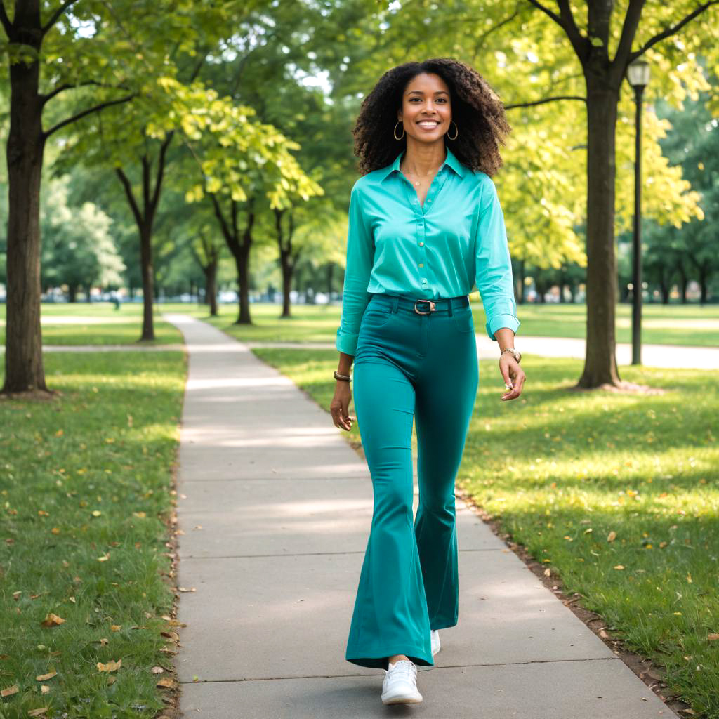 Confident Woman in Teal Outfit in Park