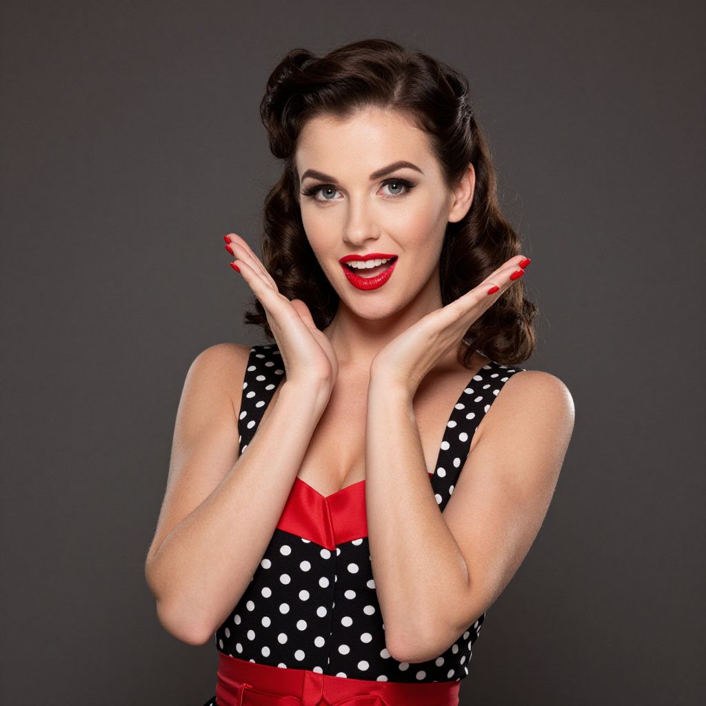Vintage 1950s Pin-Up Woman in Polka Dot Dress with Red Accents