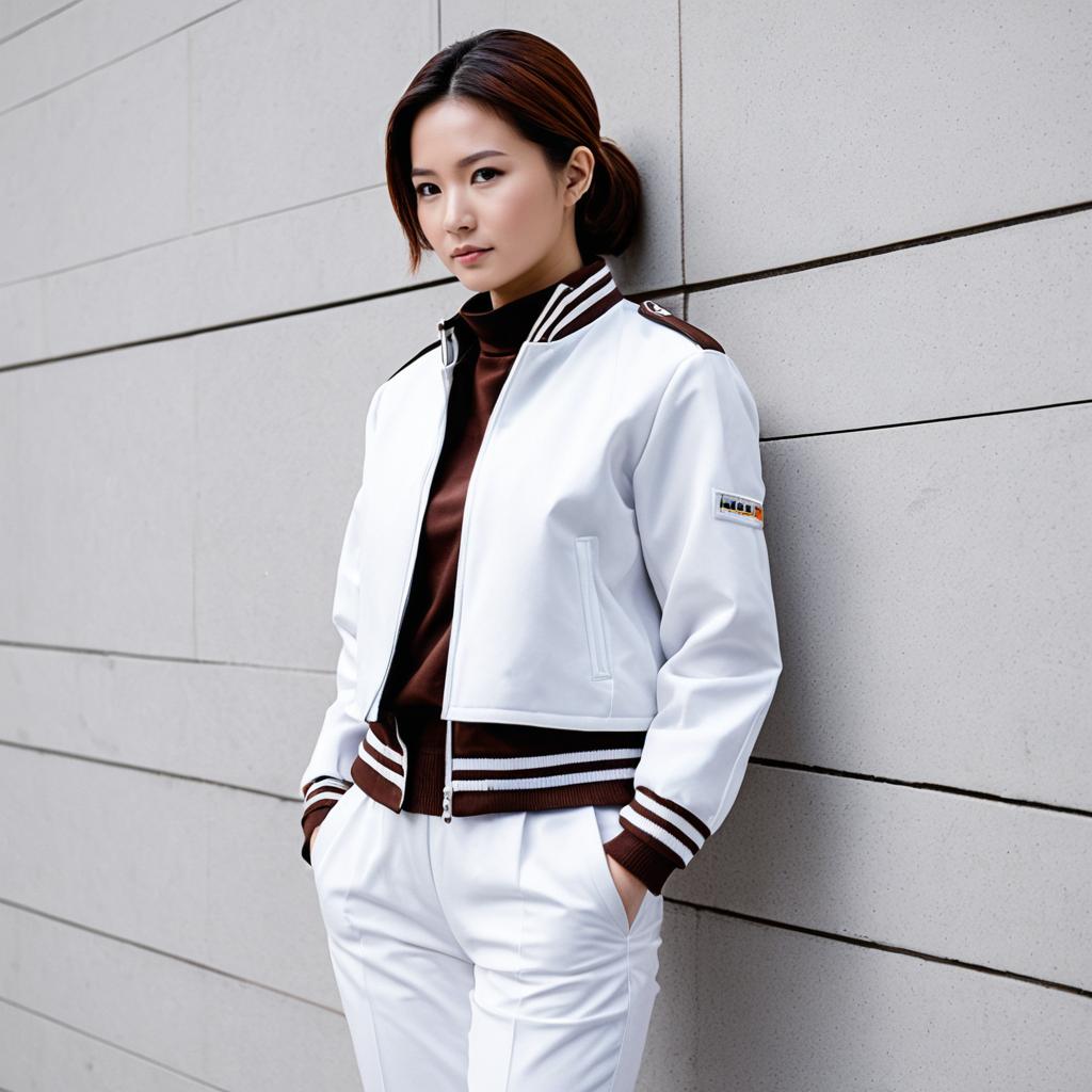 Stylish Young Woman in White Bomber Jacket and Pants Leaning on Concrete Wall