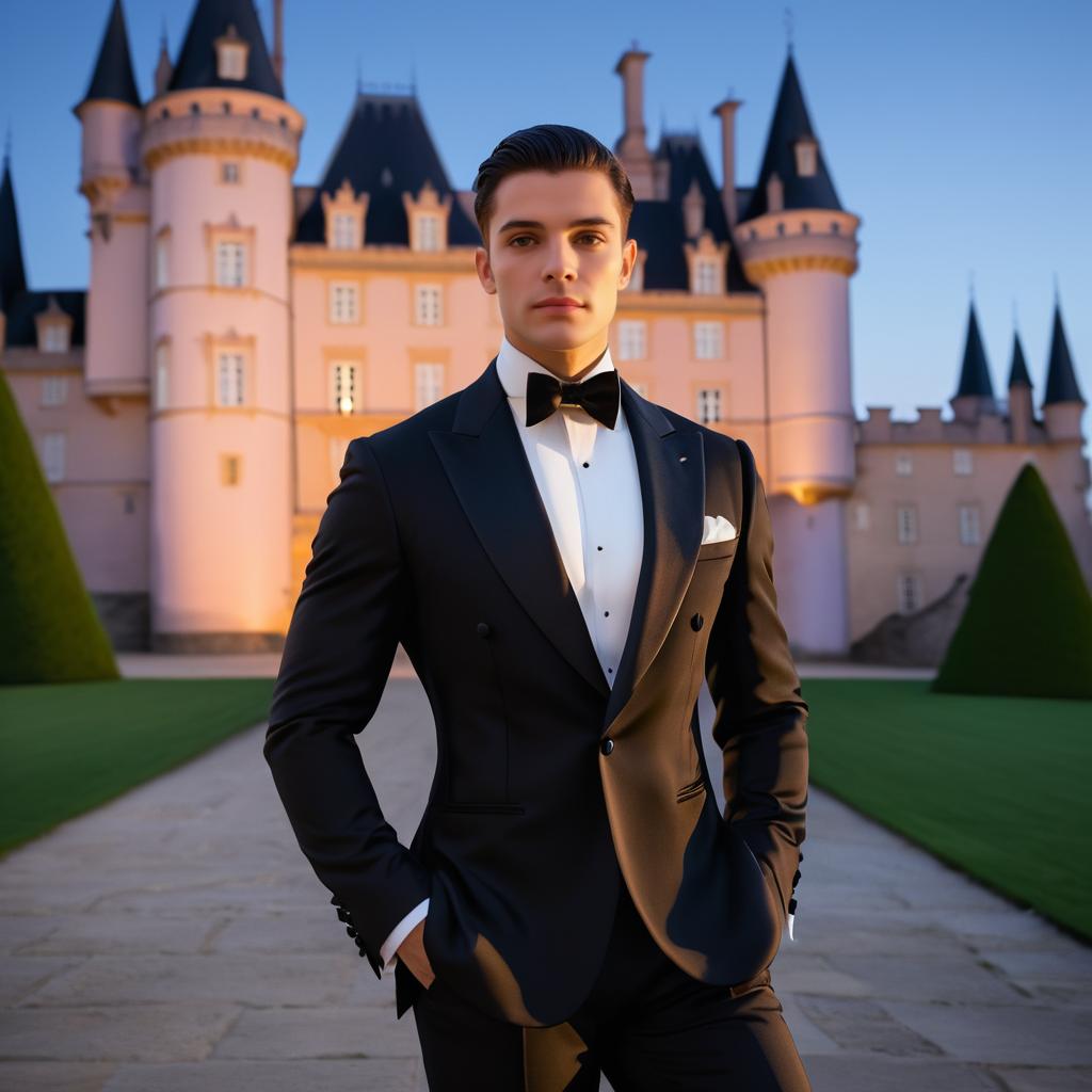 Elegant Young Man in Tuxedo Before a Fairytale Castle