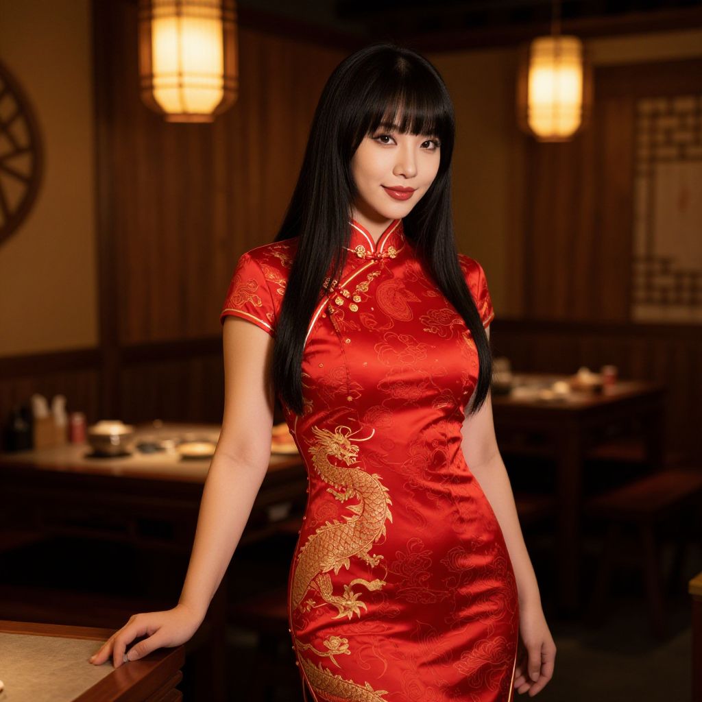 Elegant Woman in Traditional Red Cheongsam Dress with Golden Dragon Embroidery