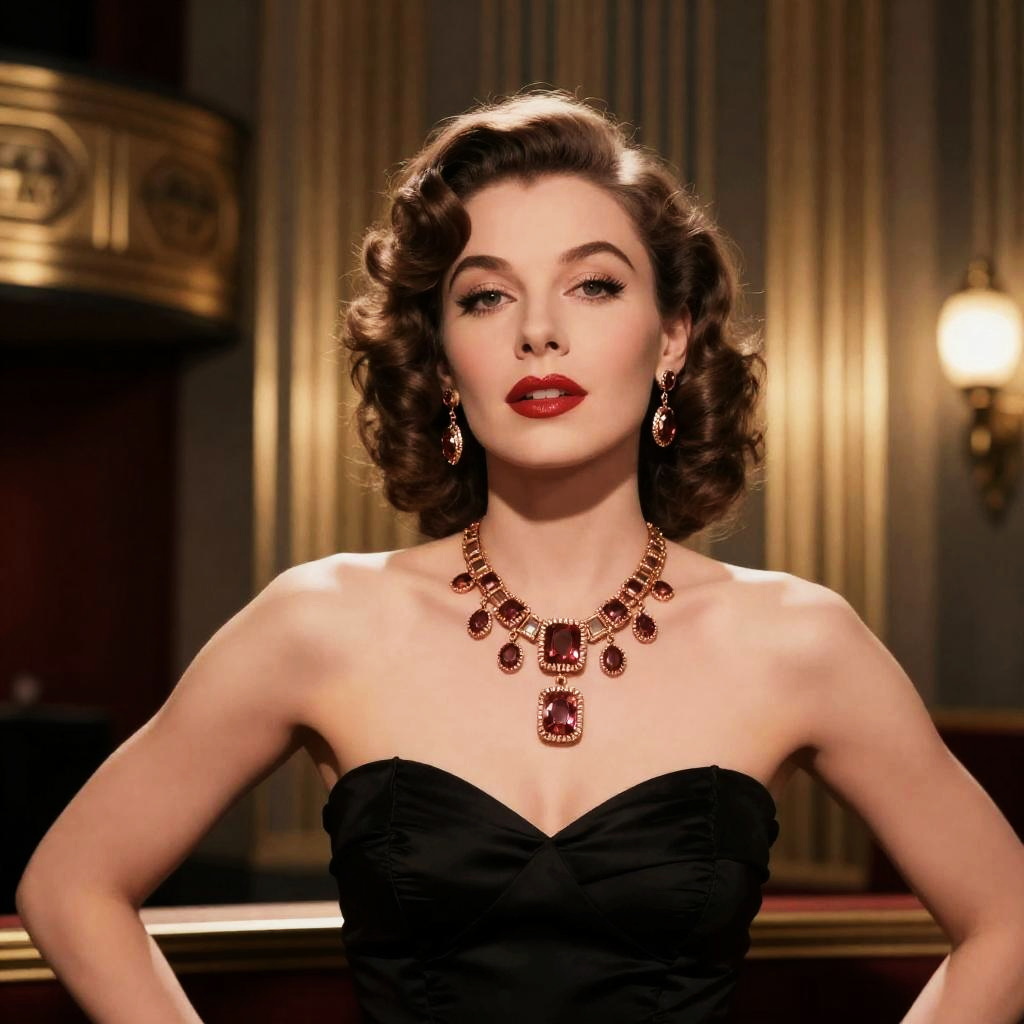 Vintage Hollywood Glamour Woman in Elegant Black Dress with Ruby Jewelry