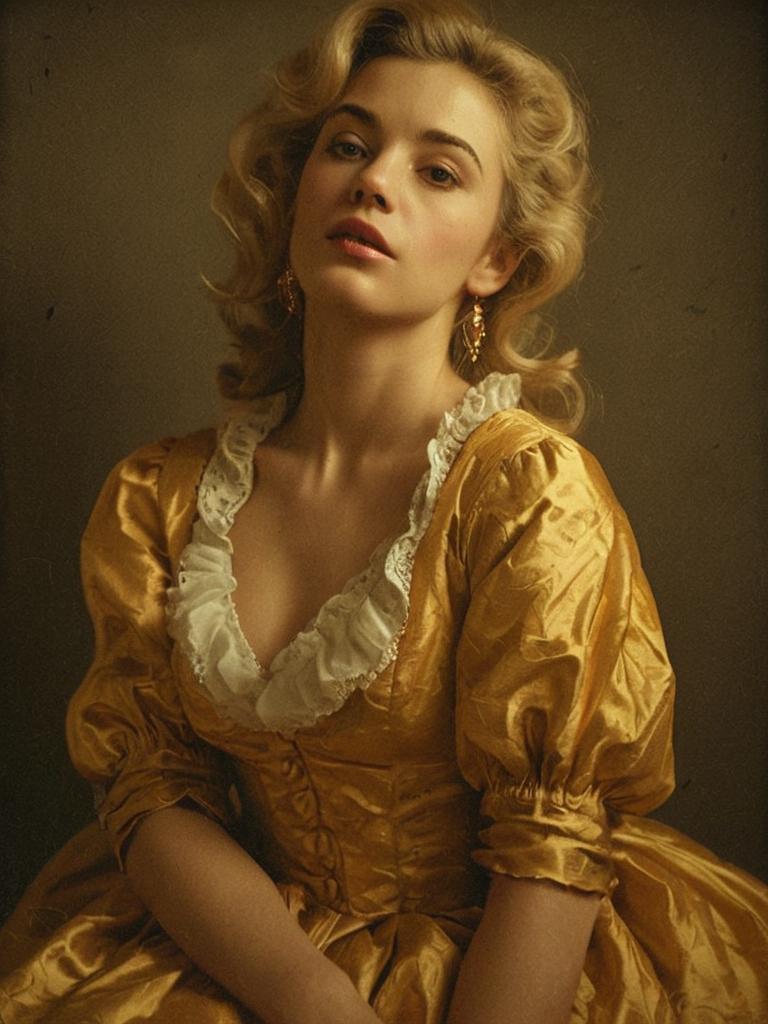 Woman in Golden Satin Vintage Gown Portrait Realistic Style
