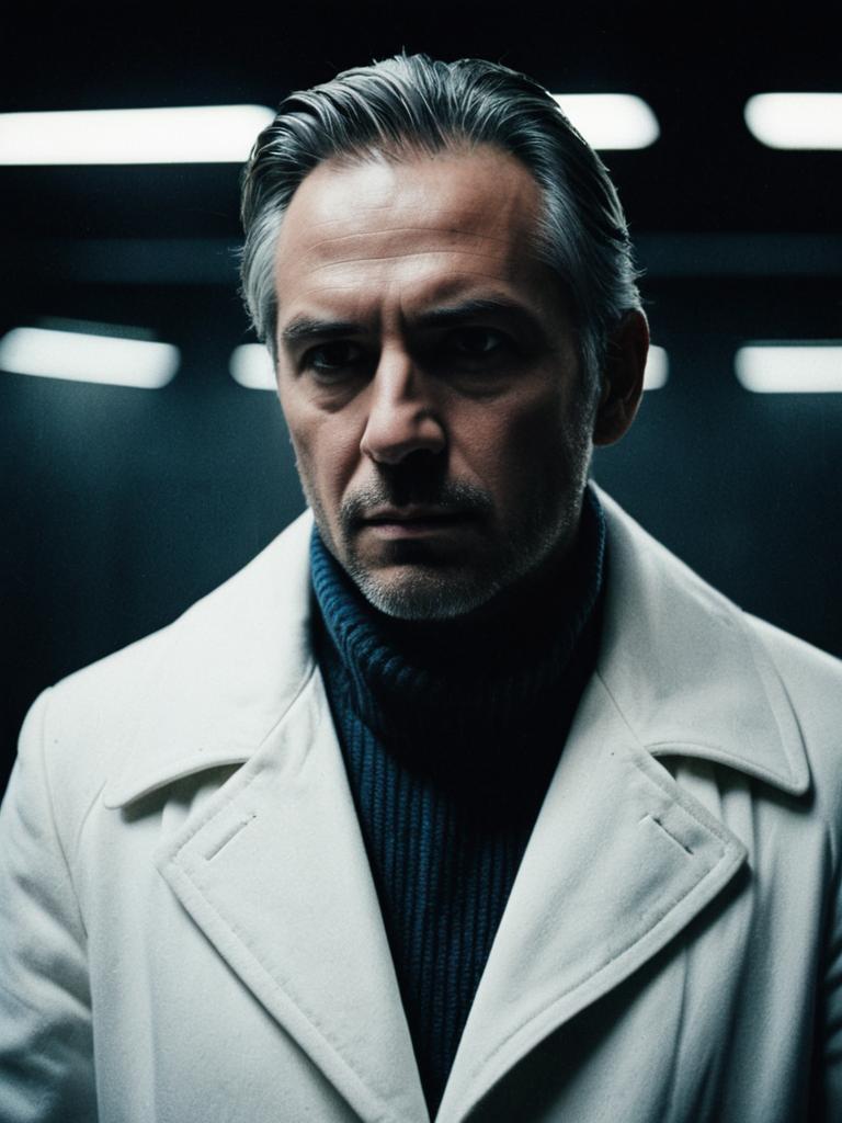 Dramatic Cinematic Portrait of Man in White Coat