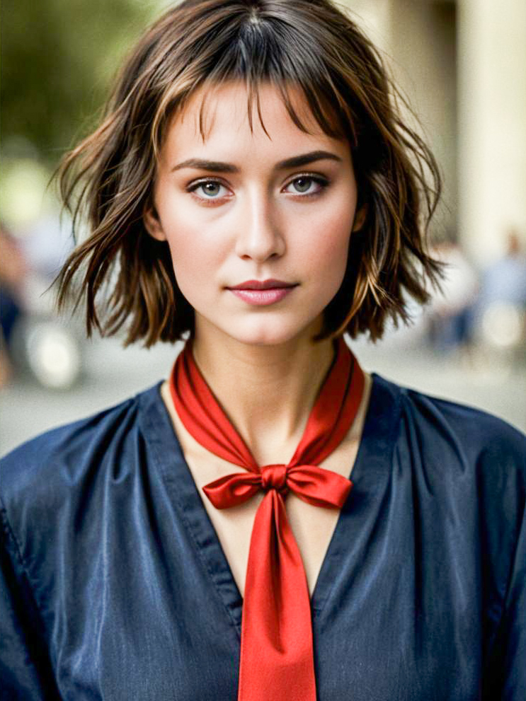 Woman with Bob Haircut and Red Bow Tie