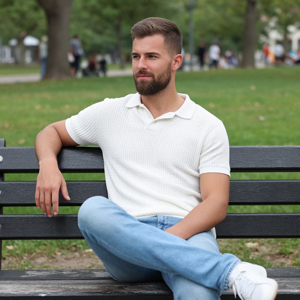 Relaxed Man Sitting on Park Bench in White Polo and Jeans