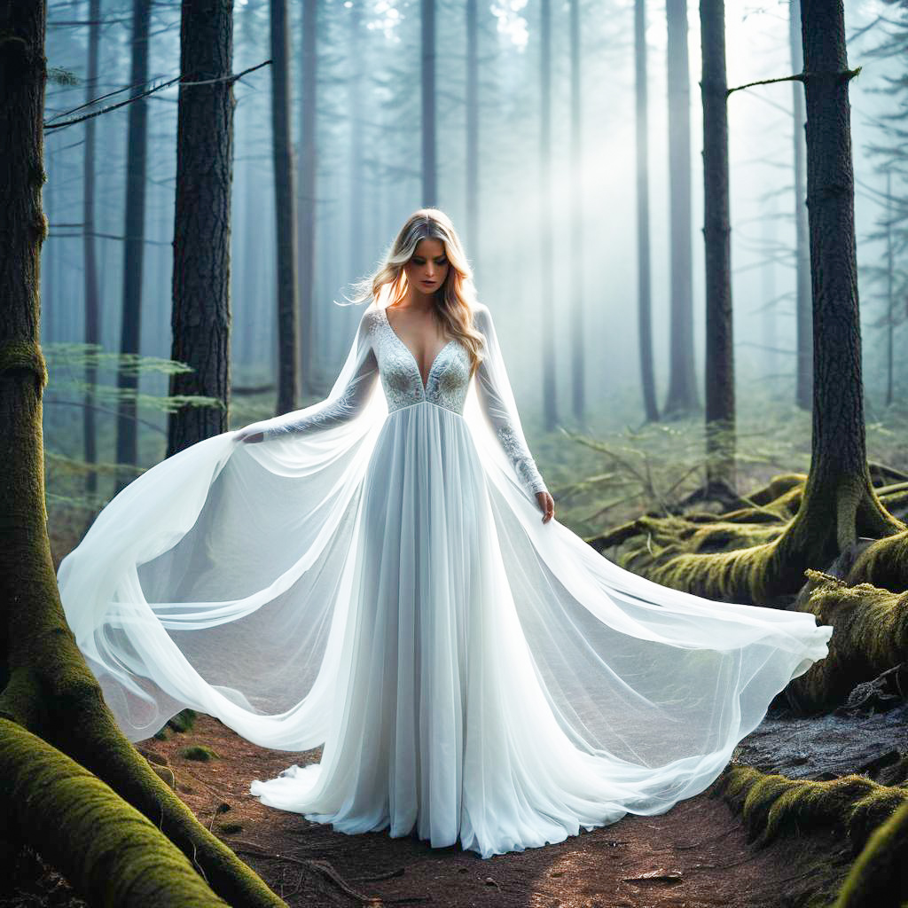 Elegant Woman in White Gown in Misty Forest