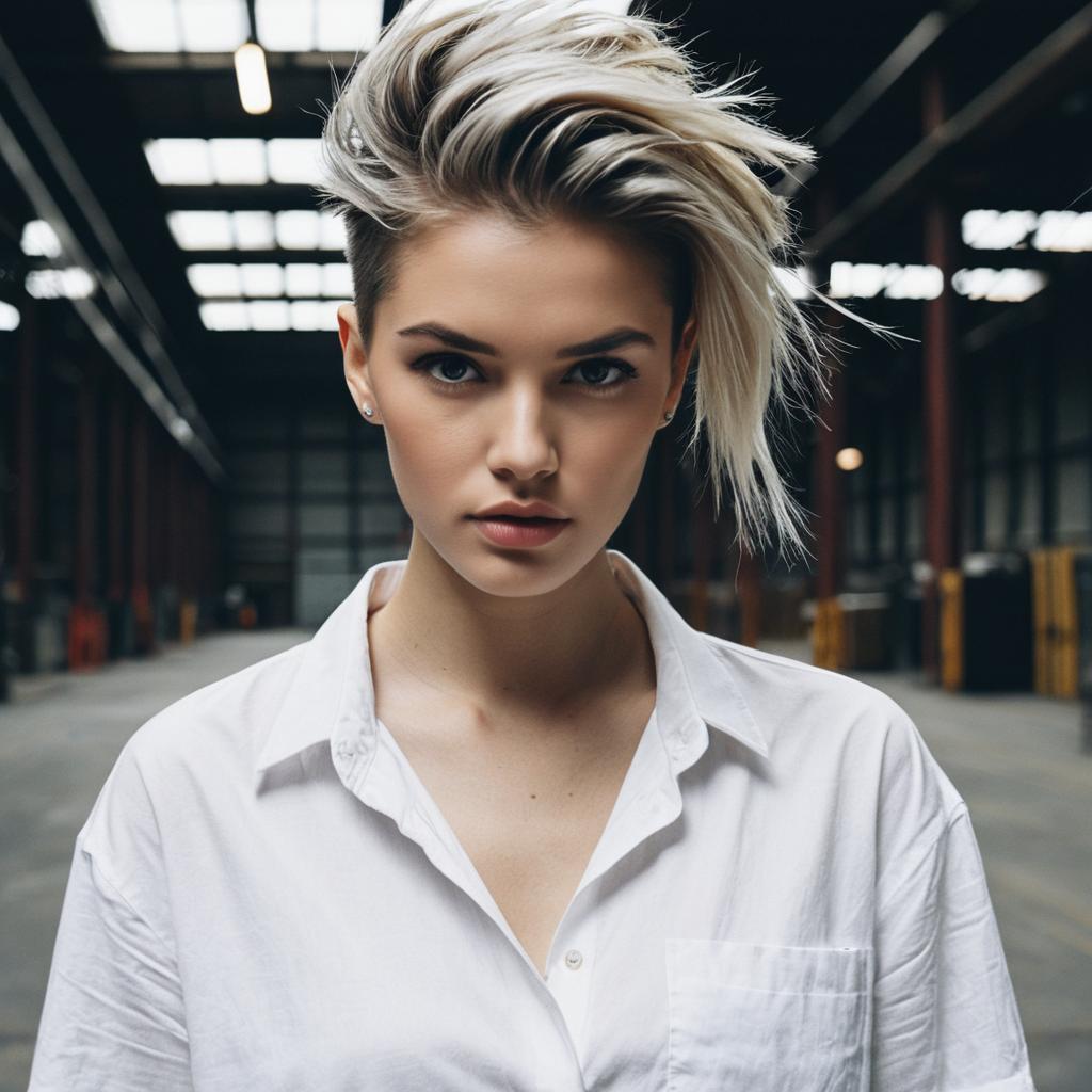 Portrait of Young Woman with Tousled Blonde Hair in Urban Warehouse