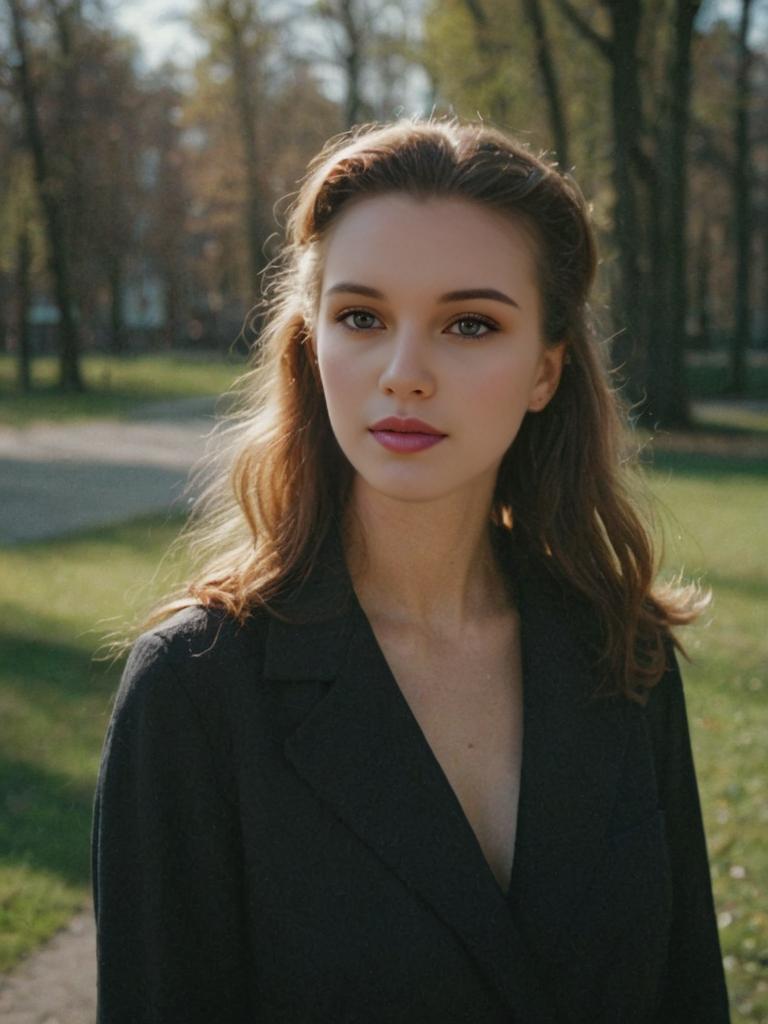 Thoughtful Young Woman in Black Blazer at Park