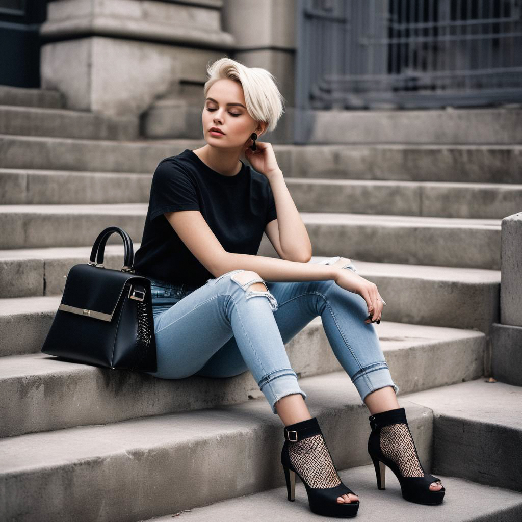 Stylish Young Woman on Urban Steps Stylish Young Woman on Urban Steps