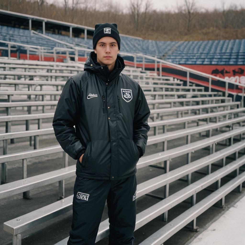 Young man in stylish athletic wear in empty sports stadium