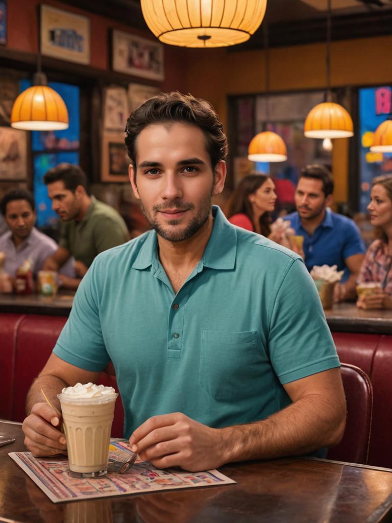 Man Enjoying Milkshake in Cozy Coffee House